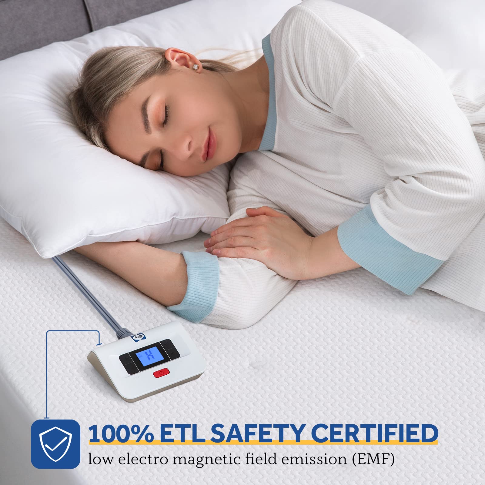 Sealy Heated Mattress Pad King Size, Zone Heating Electric Bed Warmer with Deep Pocket, 10 Heat Setting Dual Controller & 1-12 Hours Auto Shut Off, Knitted Breathable Heated Mattress Cover, White - Image 8
